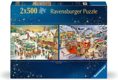 Puzzle Ravensburger 2x500 dílků Vánoční kolekce č. 1 - Vánoční trhy a Santova štědrovečerní večeře