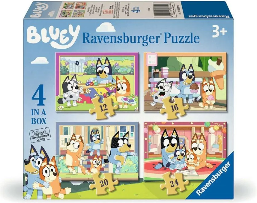 Puzzle pro děti Ravensburger sada 4v1 Bluey: Zábava s rodinou 12,16,20,24 dílků
