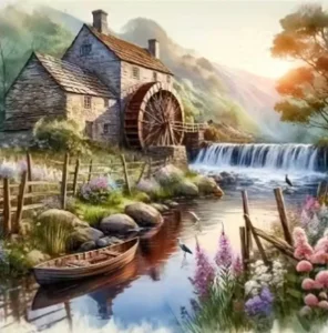 Diamantové malování Norimpex 40x30 cm Loďka u mlýna