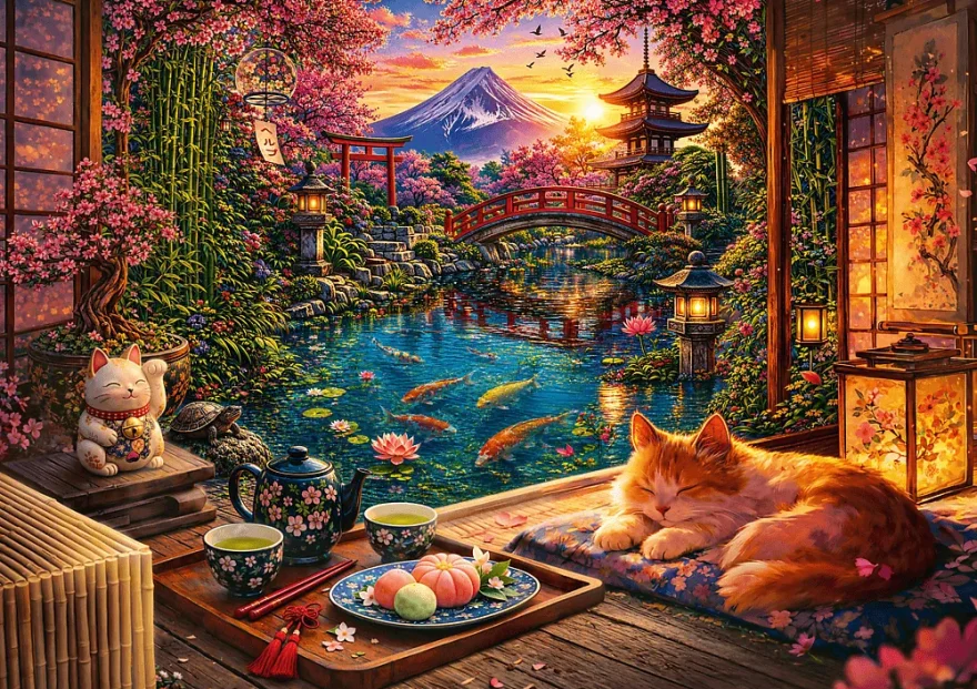Puzzle Trefl 1000 dílků Kočka v zahradě sakur