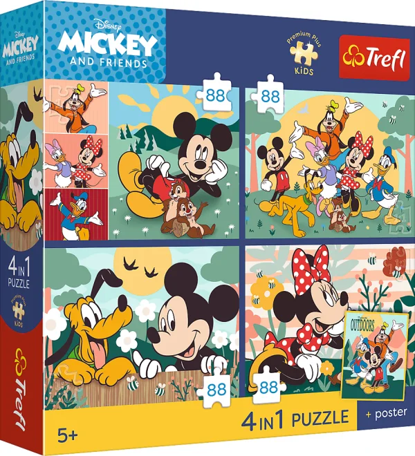 Puzzle pro děti Trefl sada 4v1 + plakát Mickey Mouse a přátelé: S kamarády 4x88 dílků