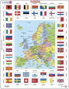 Deskové vzdělávací puzzle Larsen Evropa - mapa a vlajky 70 dílků