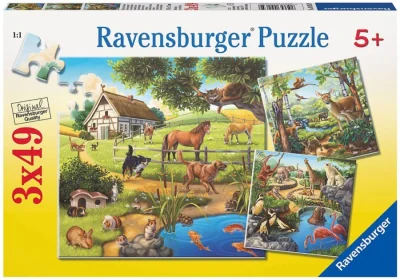 Puzzle Zvířata v lese, ZOO a na statku 3x49 dílků